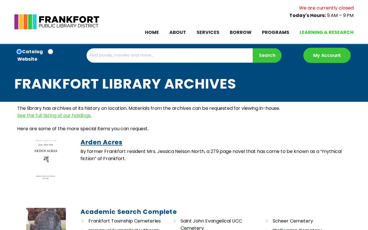 Frankfort city directory sources listed in the public library archives