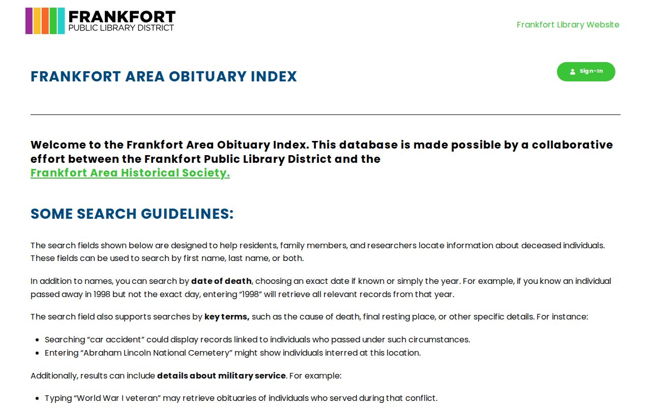 Frankfort directory name check in the library obituary index