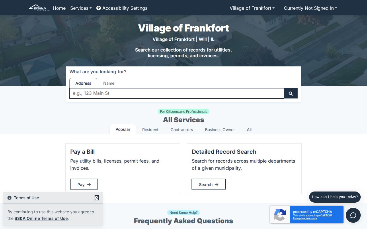 Village of Frankfort municipal records search portal