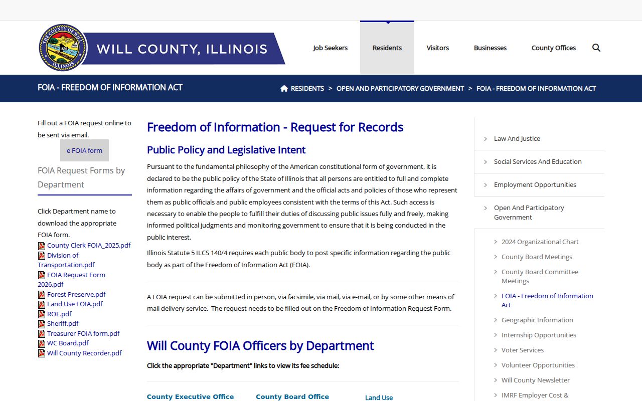 Will County FOIA access page for Frankfort public records
