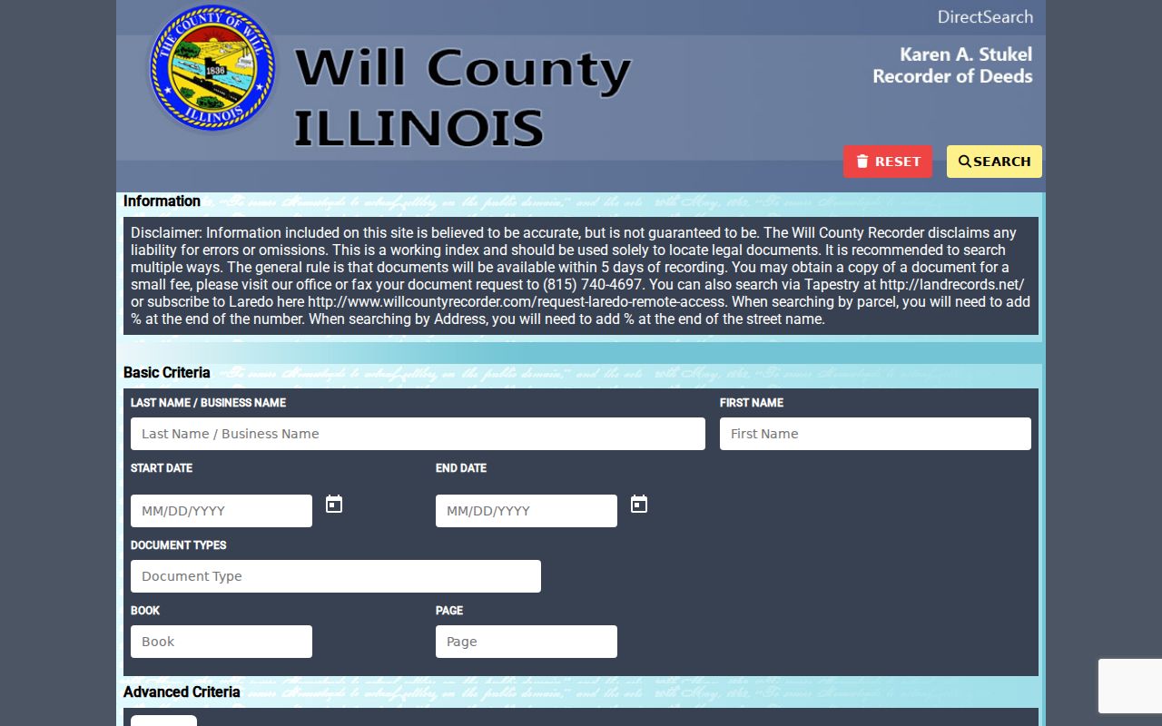 Will County Recorder deed index used for Frankfort filings