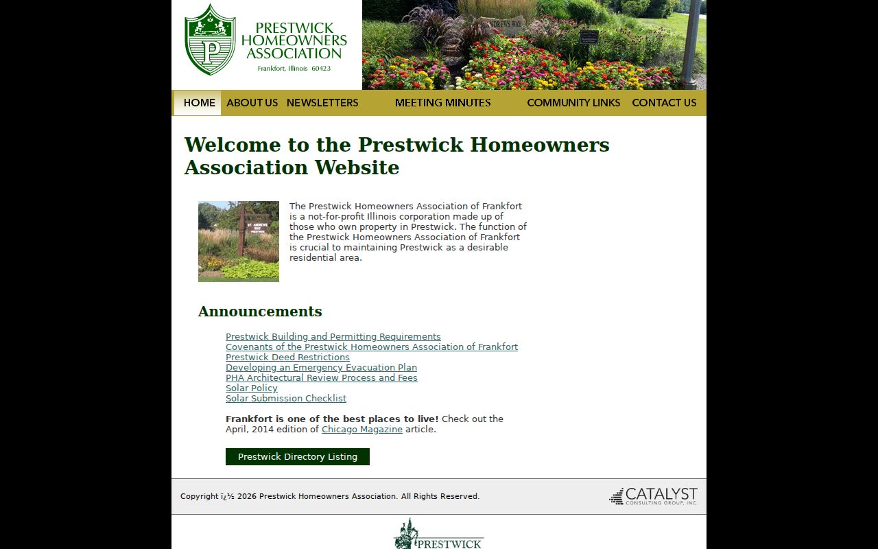 Prestwick public homeowners association page for Frankfort neighborhood information