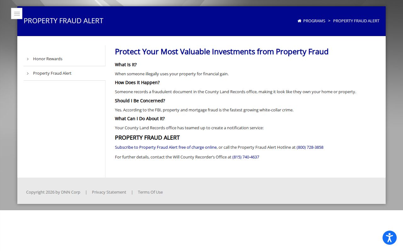 Will County Property Fraud Alert page for lawful Frankfort property monitoring