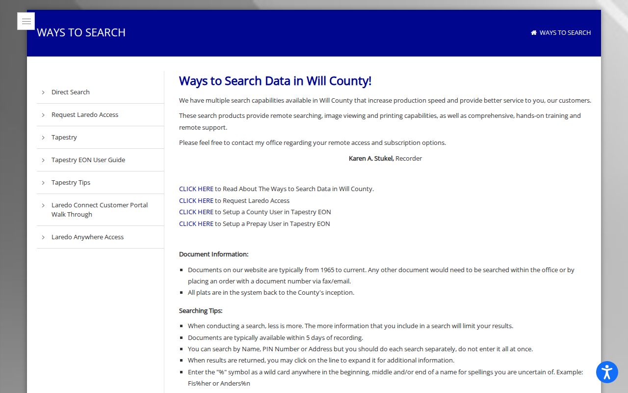 Will County Recorder search options for tracing Frankfort previous residents