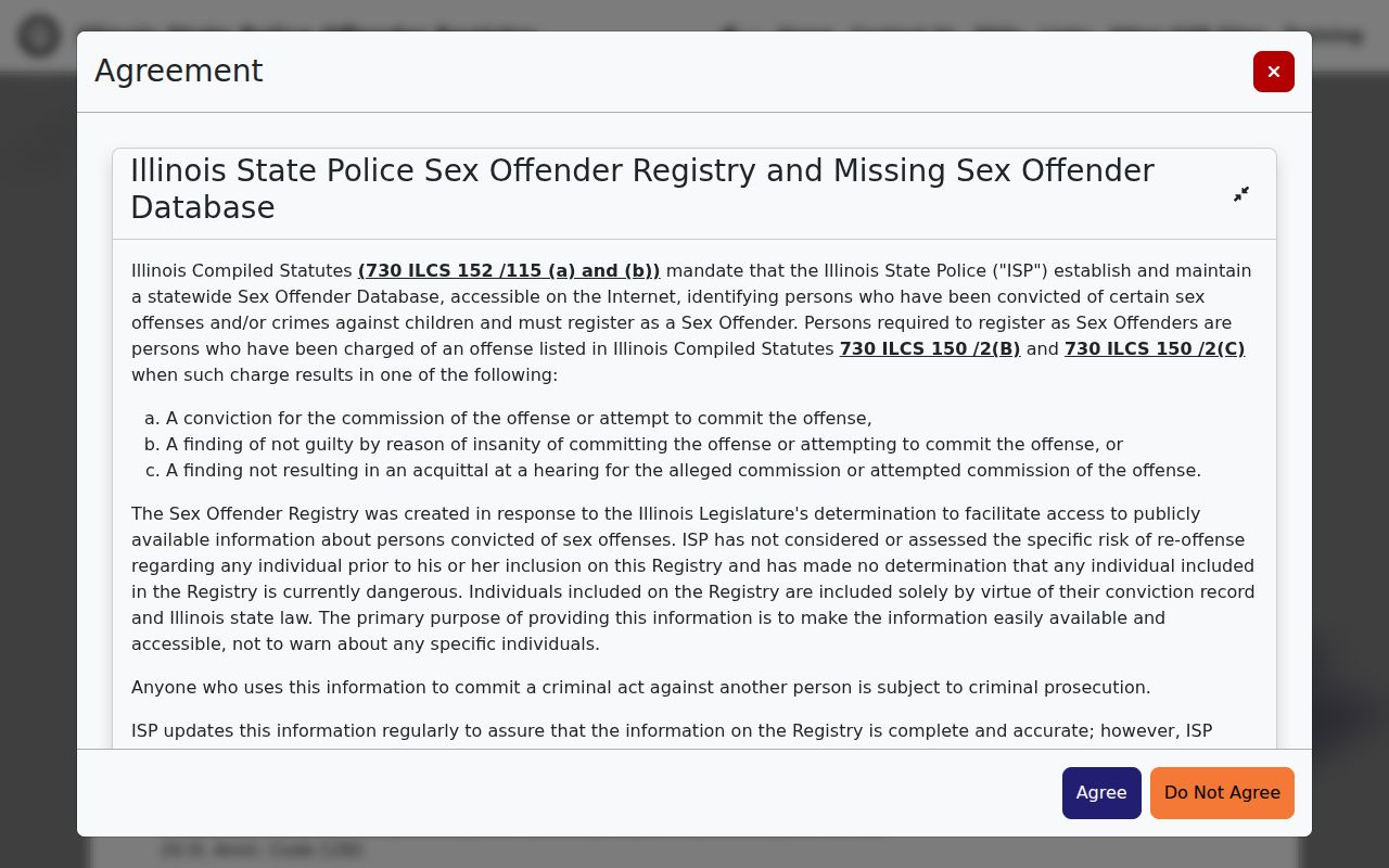 Frankfort resident lookup on the Illinois State Police registry disclaimer