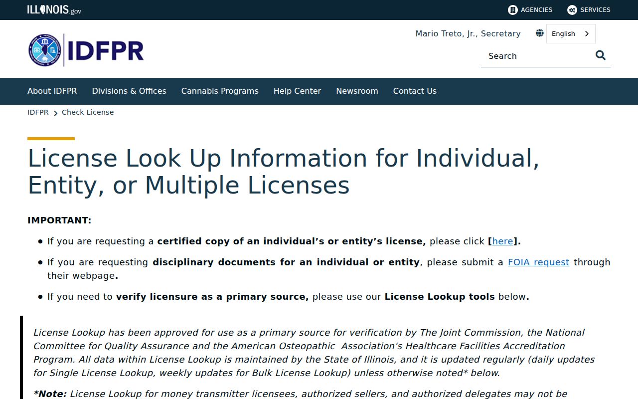 Frankfort resident lookup using the Illinois professional license portal
