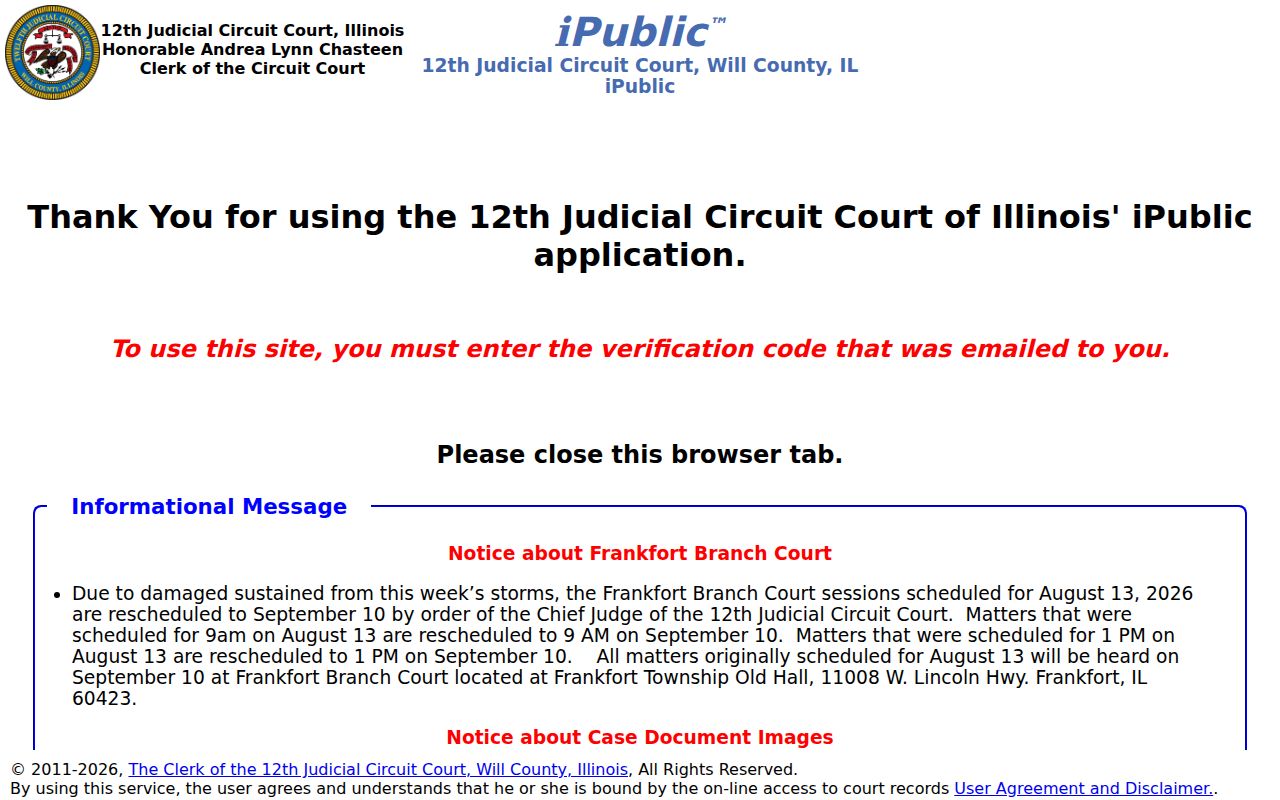 Frankfort resident lookup through the Will County iPublic case search