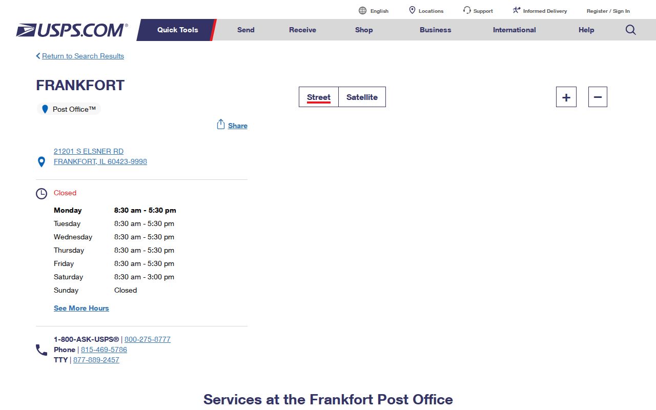 USPS details for the Frankfort Illinois Post Office serving ZIP code 60423